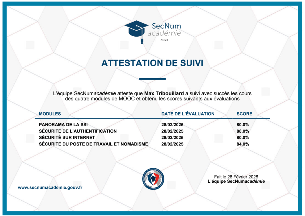 Certification SecNum Académie ANSSI